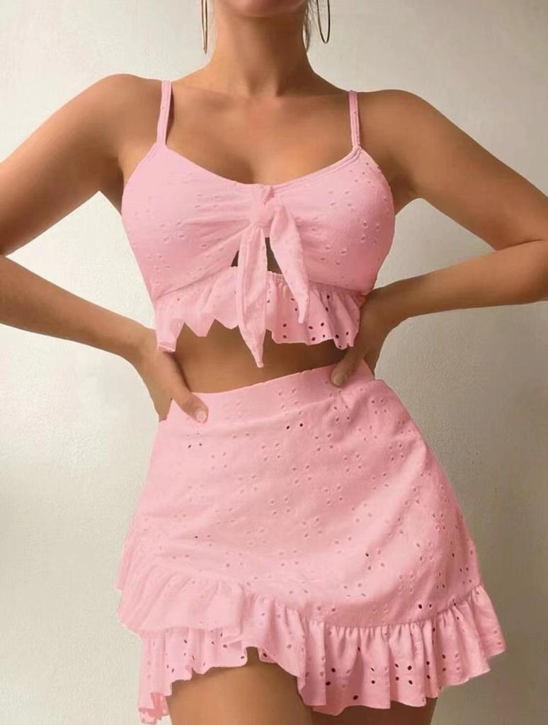 Maillot de bain trois pièces pour femme Couleur unie Volant Lacets Taille haute Bikini sexy Maillot de bain deux pièces Vêtements de plage