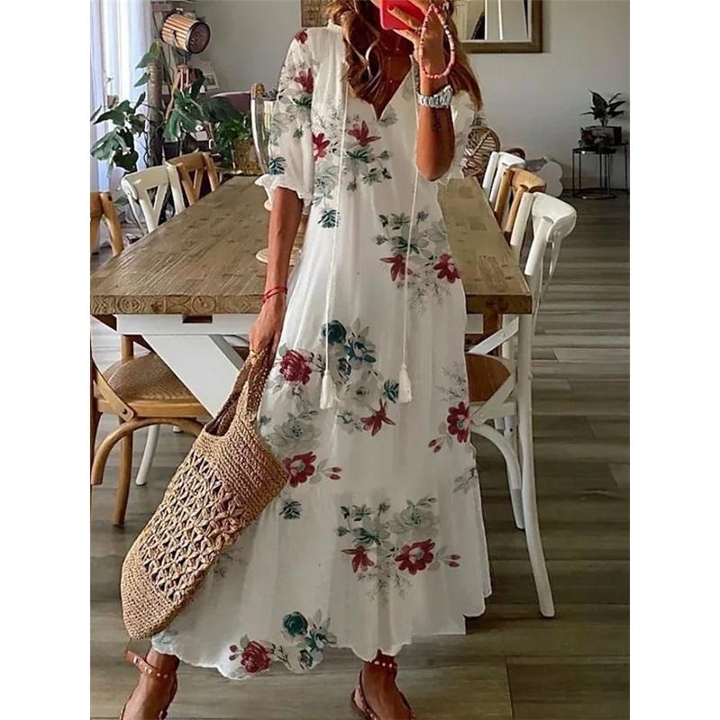

Ladies Sweet Loose V-neck Printed Suspender Mid-sleeved Long Dress Summer Beach Vacation Casual Skirt L
