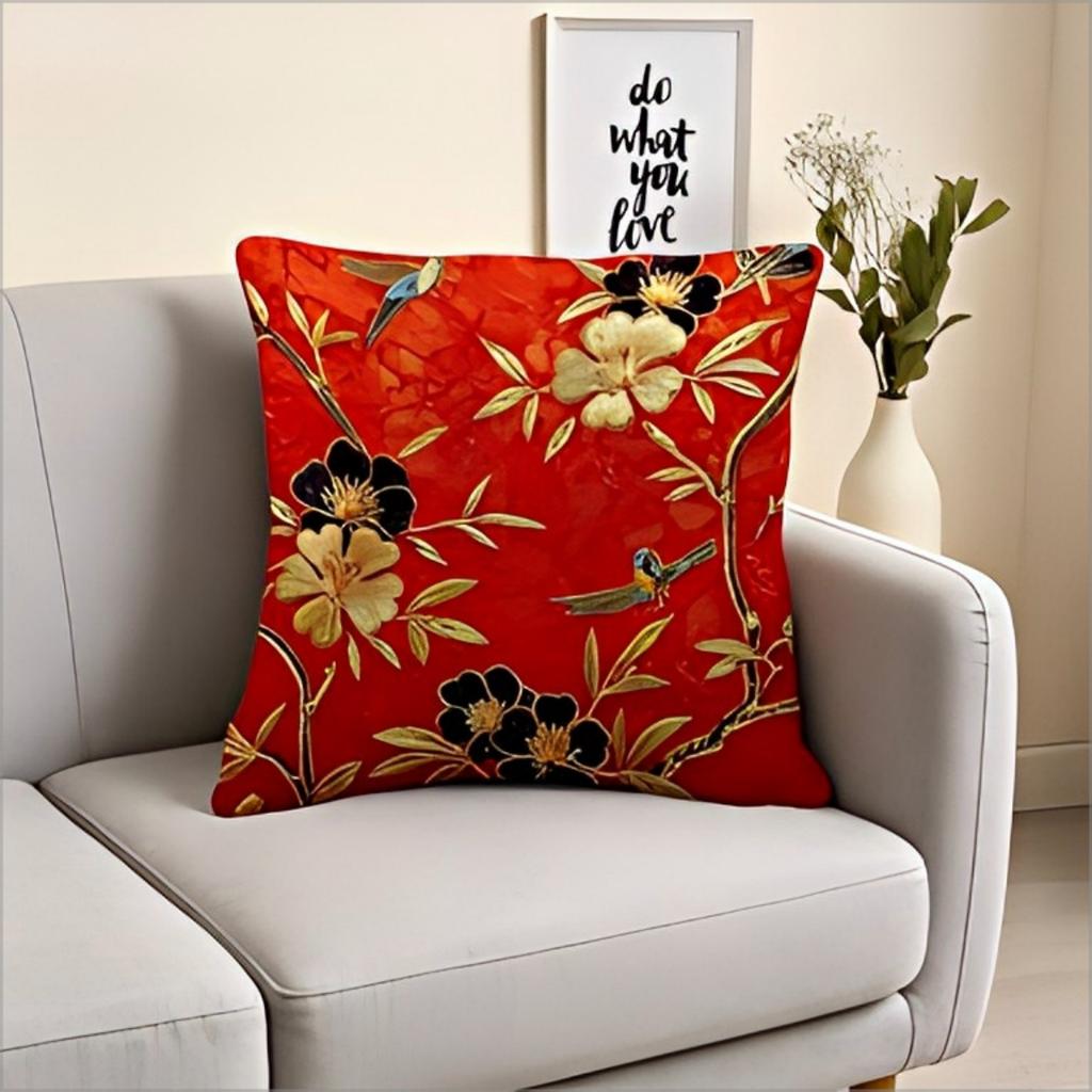 Style Red Floral Throw Pillow Covermagnolia Bird Print Decorative Cushion Case For Living Room Sofa Home Decor