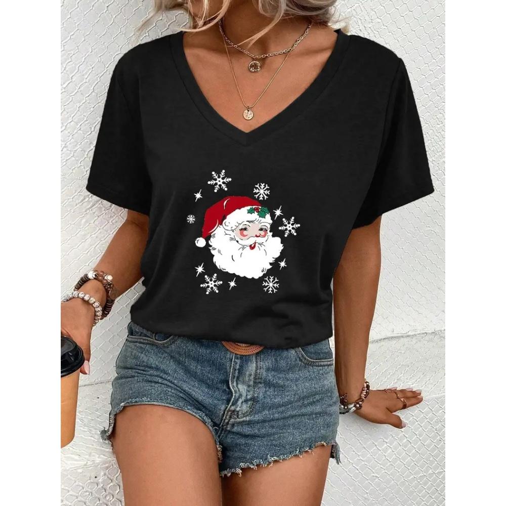 

Модная красная рождественская женская одежда летняя свободная футболка с короткими рукавами и V-образным вырезом с изображением Деда Мороза, трендовые популярные стили 8XL