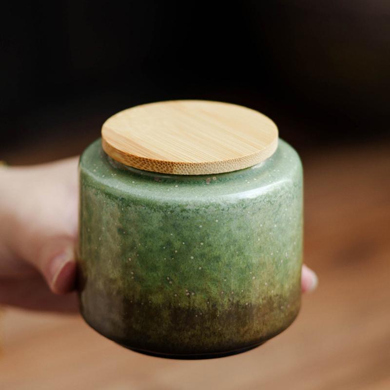Creative Ceramic Green Tea Canister, Vintage Kiln-Glazed Sealed Candy Box Home Portable Storage Jar for Nuts and Coffee Beans