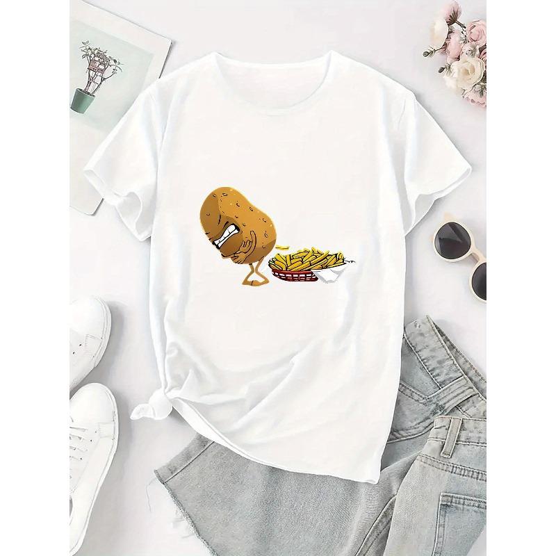 European Sizes Women'S Casual Crew Neck T-Shirt with Creative Potato and French Fries Print, Polyester Knit Fabric, All Season Comfort Fit Tee