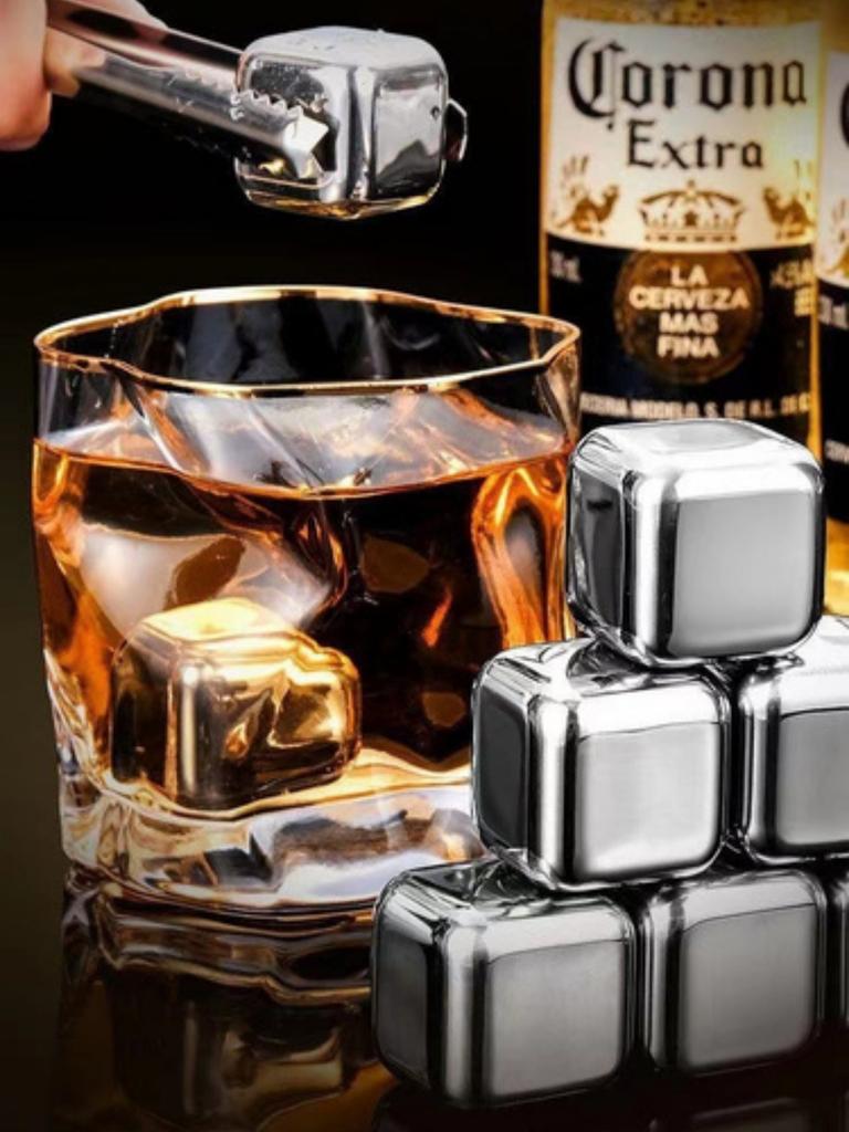 4-6-8 Piece Whiskey Ice Cubes Set with Silicone Head Tongs and Ice Cube Trays Stainless Steel Ice Cubes Reusable