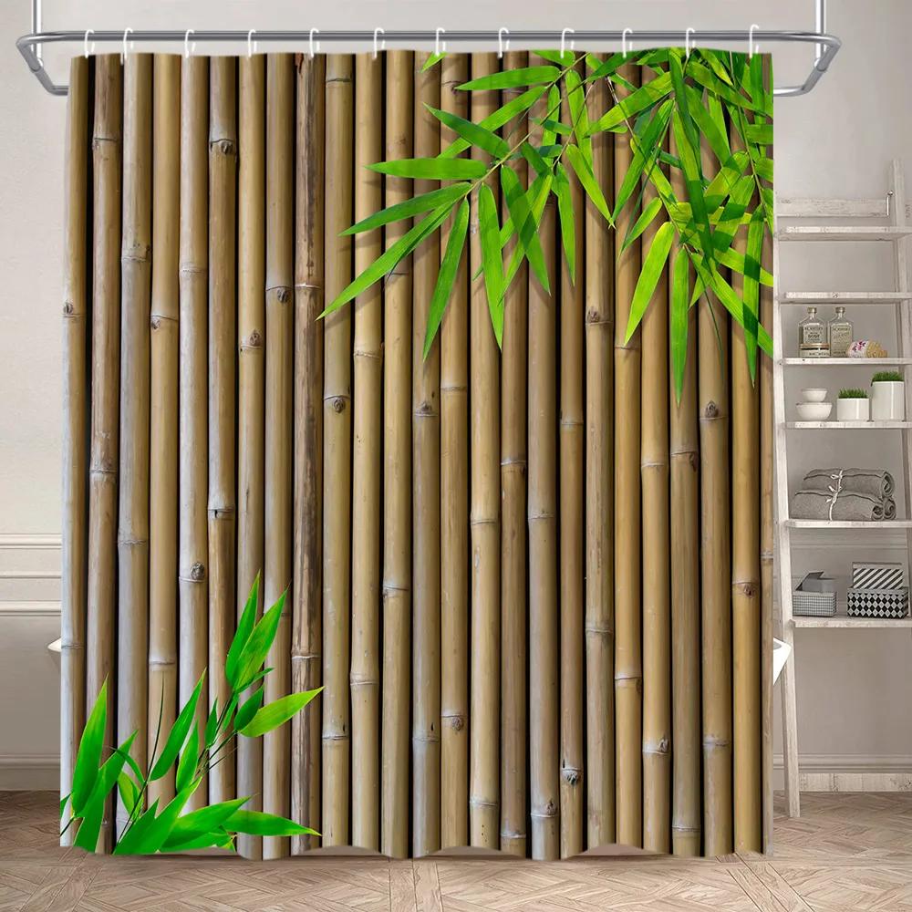 Zen Shower Curtain Landscape Green Bamboo River Lotus Stone Purple Orchid Plant Leaf Polyester Fabric Bathroom Decor Curtain