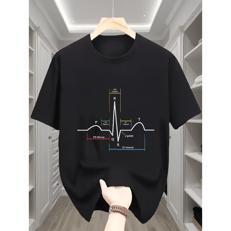 European Size ECG Heartbeat Pattern T-Shirt - Casual Crew Neck Short Sleeve Men s T-Shirt, Colorful ECG Ripple Print - Comfortable for All Seasons S