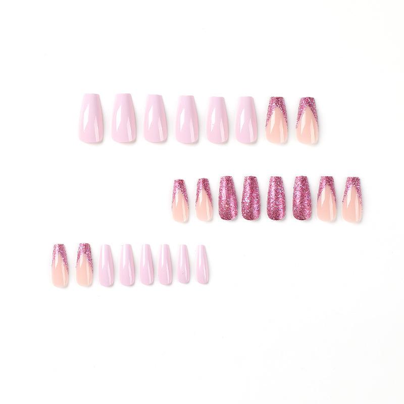 24Pcs/Set Quick Nails Purple Glitter French False Nials Sticker Wearable Waterproof Manicure Finished Nails