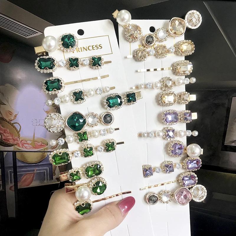 Set Women Hair Clips Jewelry Crystal Hair Accessories For Girls Pearl Geometric Barrettes Pins Christmas Gift