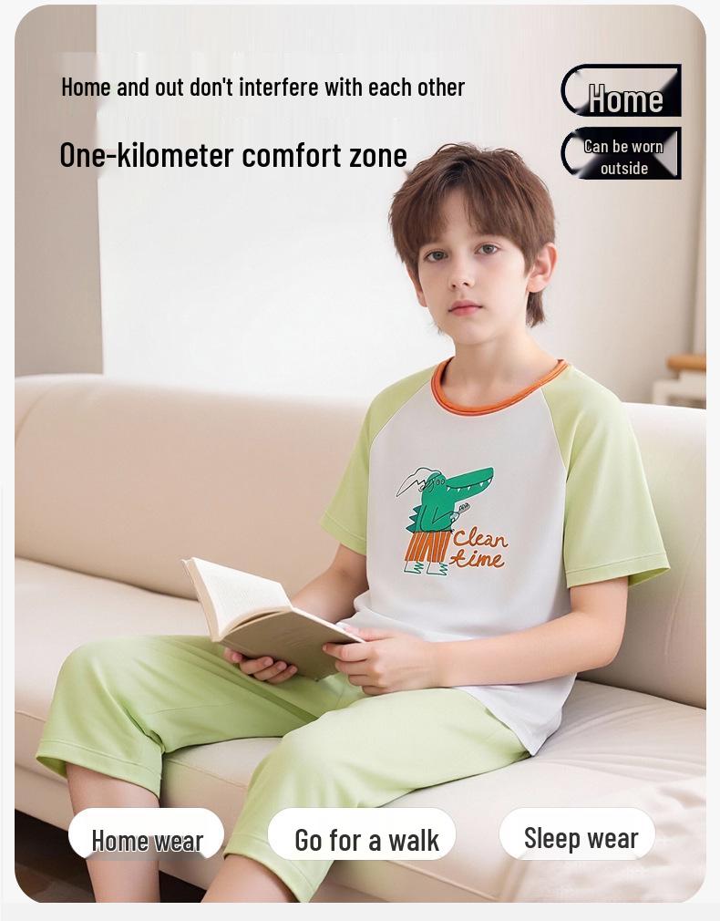 Lanjing Modal Boys' Summer Pajama Set - Lightweight Short Sleeve and Seven-Point Pants for Air-Conditioned Comfort
