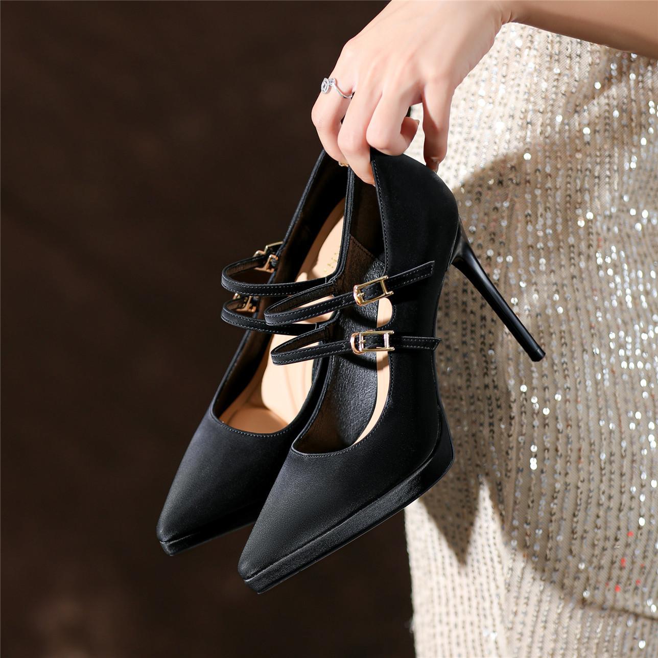 

Кофе с молоком водонепроницаемый стол супер высокие каблуки женские острый носок тонкий каблук двойной ремешок одинарный туфли ретро осень 39 чёрный