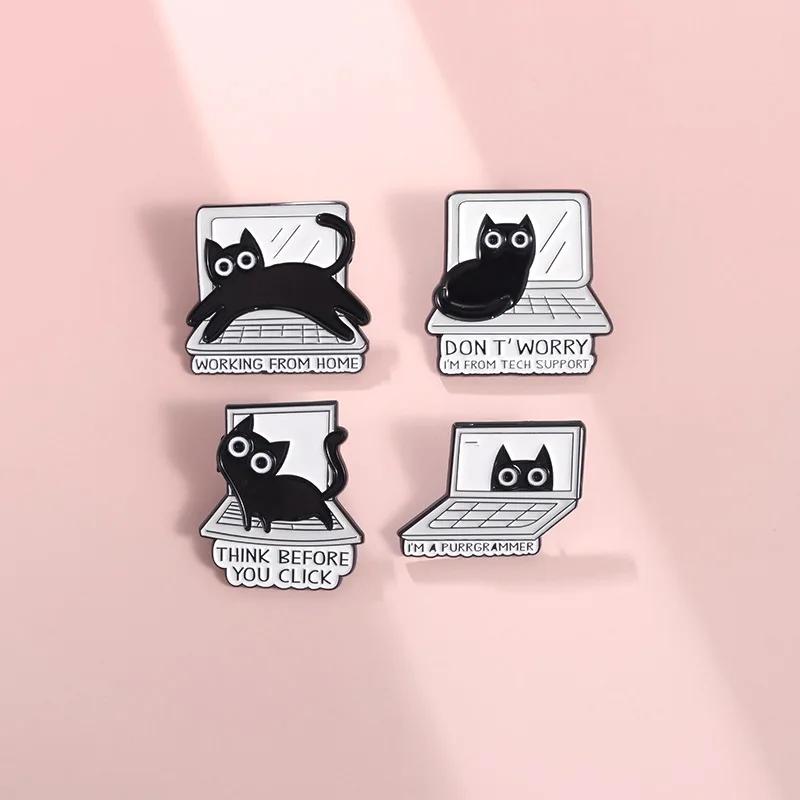 Punk Creative Black Kitten Enamel Pins Cartoon Cat Loves Work Brooch Custom Denim Lapel Badge Backpack Funny Animal Jewelry Gift