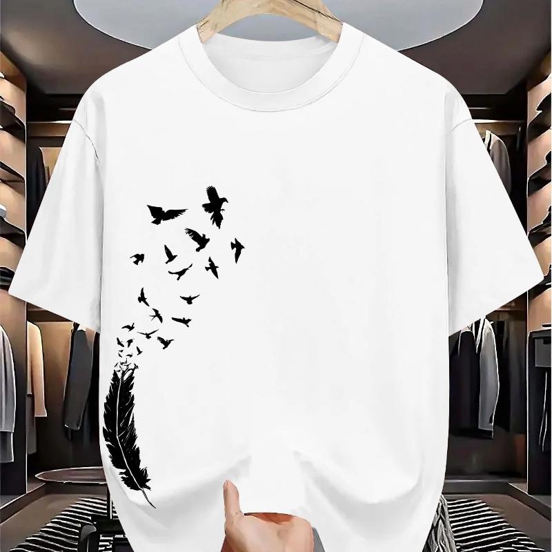 Men's Pure Cotton Summer Casual Loose Fashion Bird Creative Pattern Printed Round Neck T-shirt Versatile Top