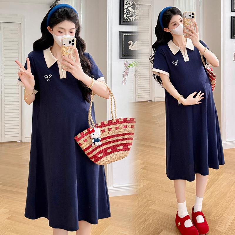 Summer 2026 Maternity Color-Block Zipper Polo Dress - Casual Loose A-Line Mid-Length Skirt