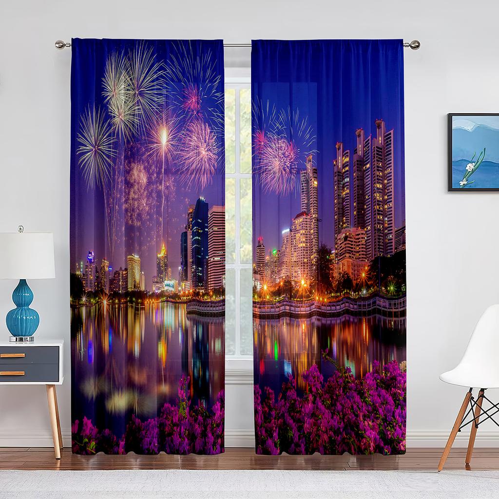 Paesaggio da Sogno Vista Notturna Fuochi d'Artificio Cielo Stellato Tende di Tulle per Decorazione Soggiorno Camera da Letto Chiffon Leggero Voile Tenda da Finestra