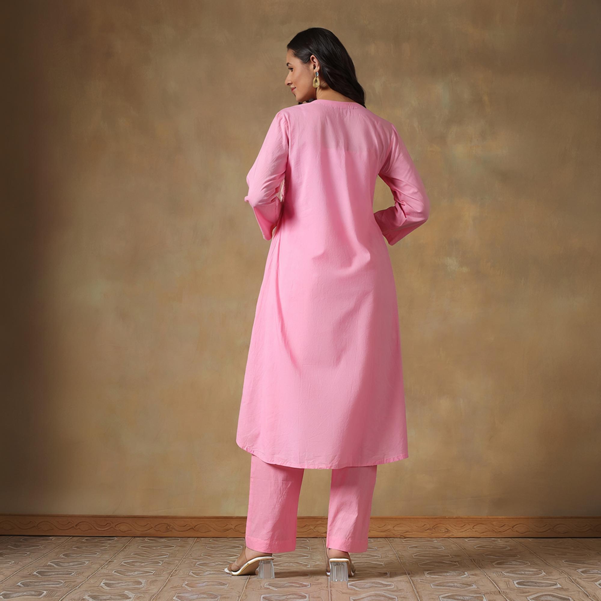 Pink Cotton Chikankari Lucknowi Kurta-Pant Set XL розовый