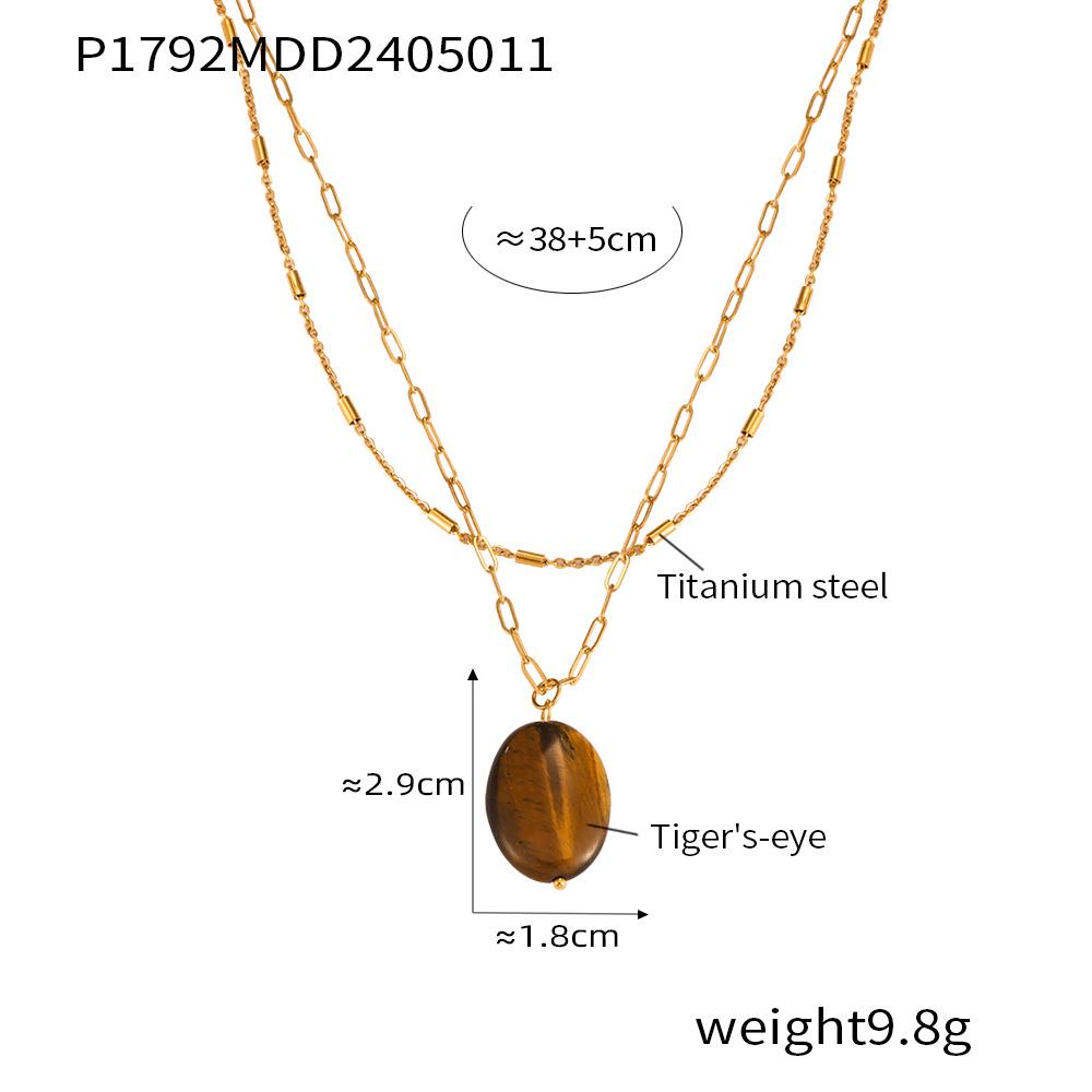 Maillard Titanium Steel Tiger Eye Oval Pendant Necklace - Retro Beaded Chain, Versatile & Stylish for Women