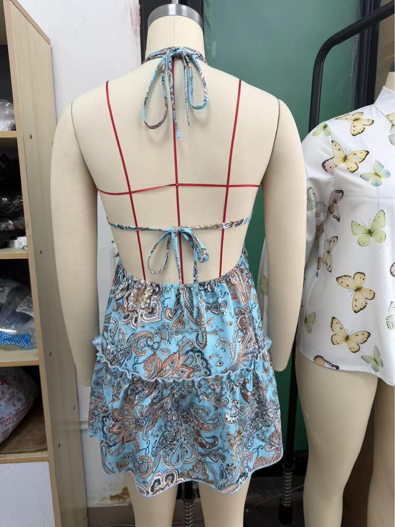 Women's 2026 Summer Bohemian Geometric Print Backless Spaghetti Strap Dress