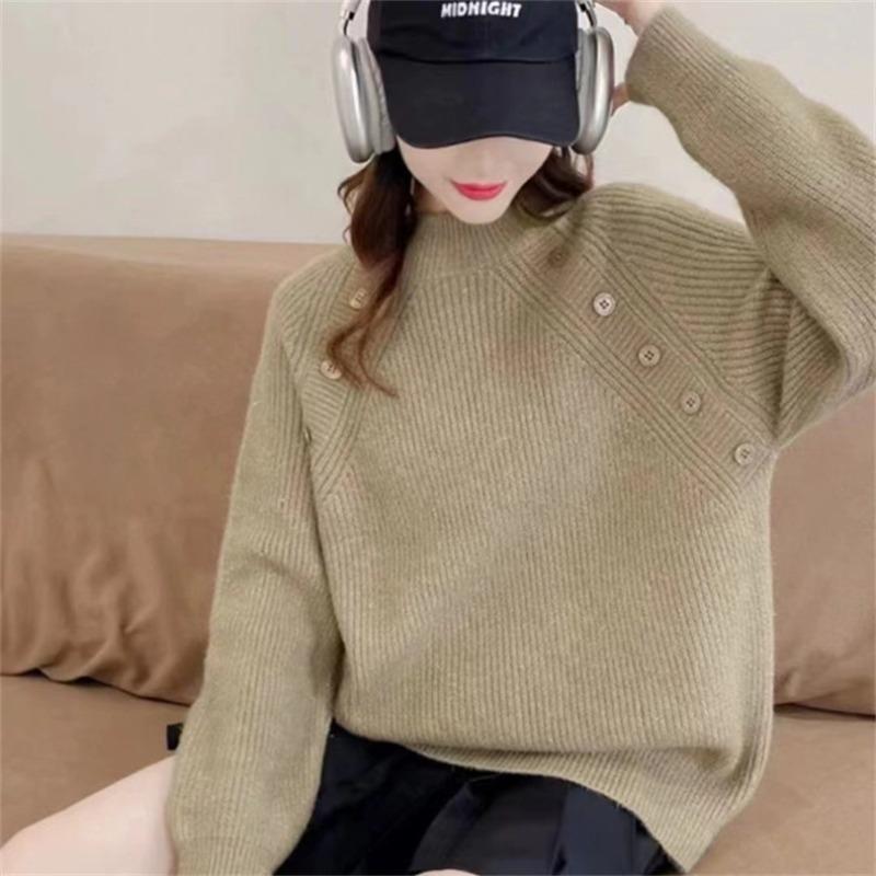 

Autumn and winter new simple and versatile loose and lazy round neck pullover sweater women s thin inner knitted bottoming shirt One Size хаки