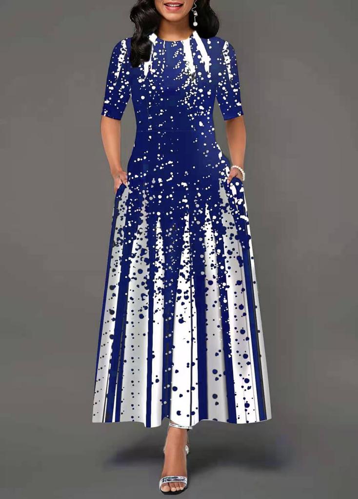 New women's clothing, fashion personality gradual change positioning printing round neck middle sleeve big swing dress