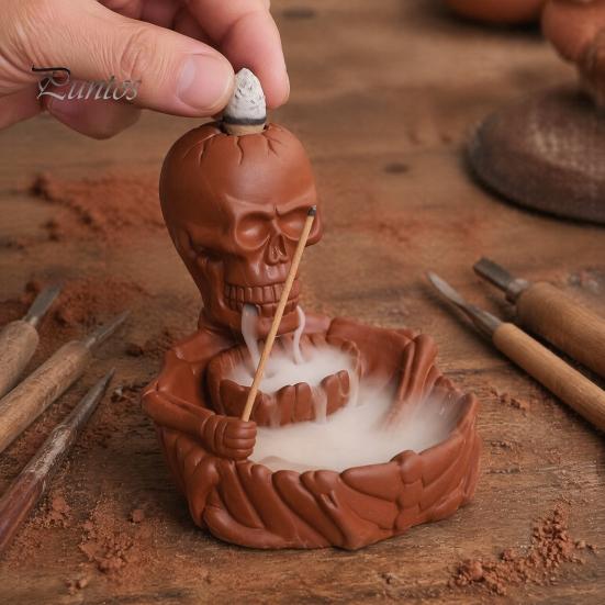 Quemador de Incienso Artesanal Quemador Esqueleto, Portaconos Cascada de Flujo Inverso, Soporte Decorativo Calavera Gótica para Hogar Varilla Decoración Halloween, Meditación