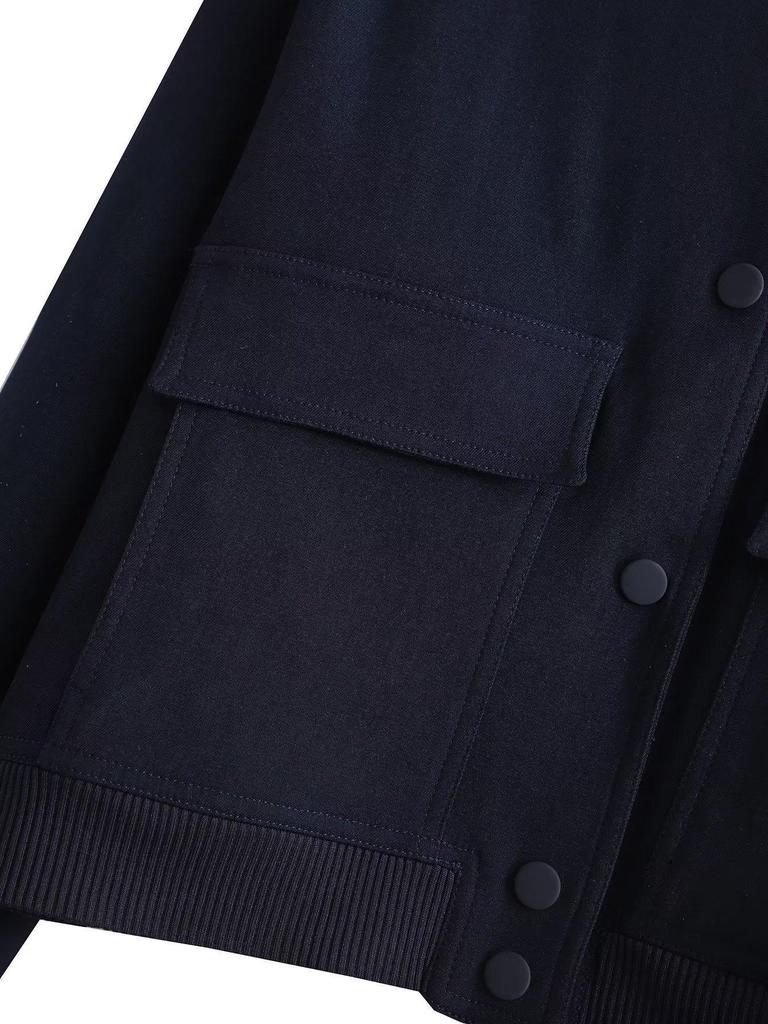 2023 Spring European & American Y2K Stand-up Collar Double Pocket Solid Motorcycle Bomber Jacket
