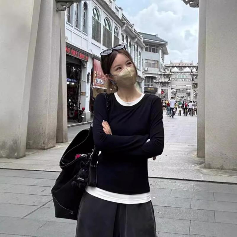 

Pure Desire Right Shoulder Slim Fit Splicing Fake Two Piece Long Sleeve T-Shirt Women s Bottoming Shirt Contrast Color Inner Top S чорний