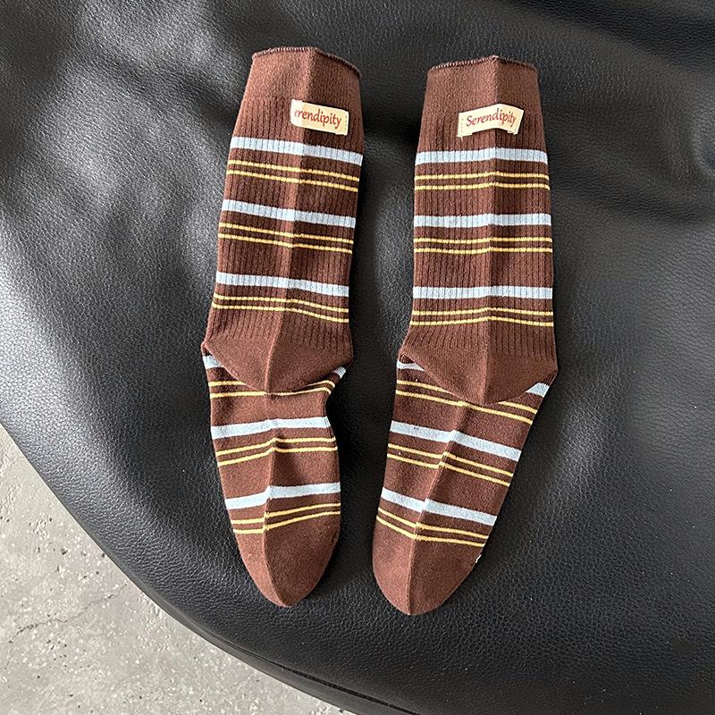 Cartoon Puppy Embroidery Cute Socks Women Autumn and Winter Middle Tube Socks Korean Striped Cotton Knitted Elastic Long Socks