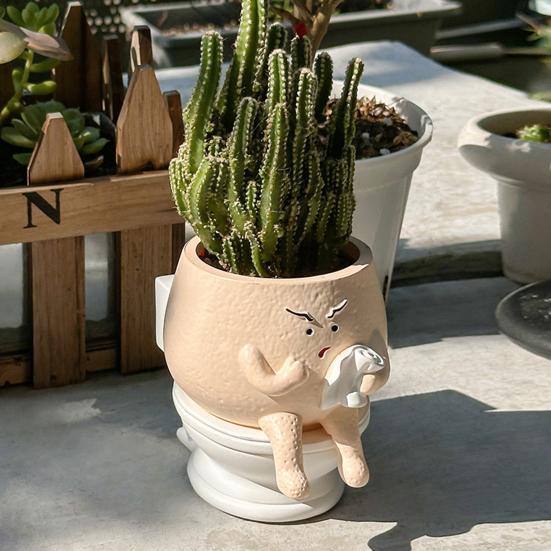 Funny Face Toilet Planter Decorative Resin Head Plant Pot Cute Face Planter with Drainage Hole for Succulents Small Houseplants Outdoor Use