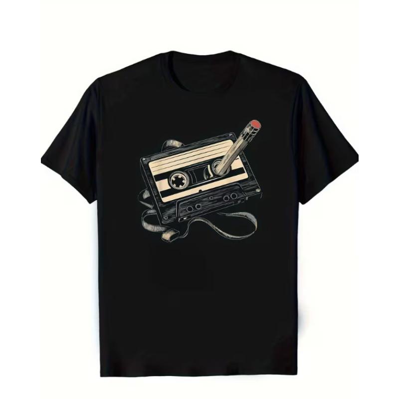 Men's T-shirt with Cassette Tape and Pencil Replication Pattern T-shirt 2026 Men's and Women'