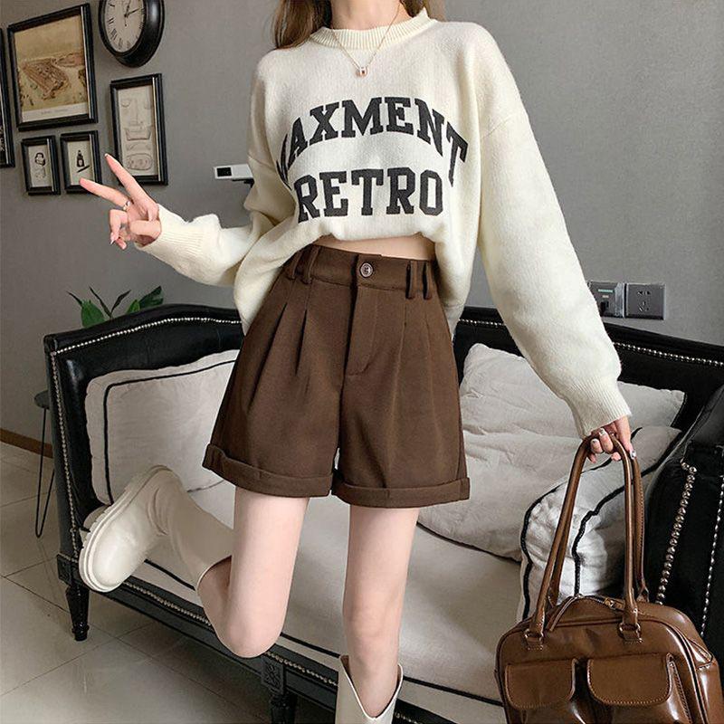 

Women s 2026 Korean Style Thickened Wide-Leg Bootcut Suit Shorts with Rolled Hem S (Recommended 75-90 jin)