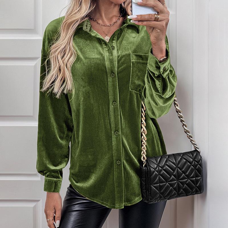 Damen Samt Button-Down Hemden Herbst Schick Lässig Vintage Oberteile V-Ausschnitt Raffinierte Blusen Langarm T-Shirts für Damen