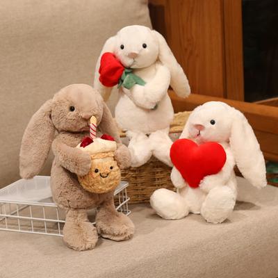 Cute Long Eared Bunny Plush Toy Hold Rose Heart Cake Soft Stuffed Rabbit Doll Adorable Plushie for Valentine's Day Gift