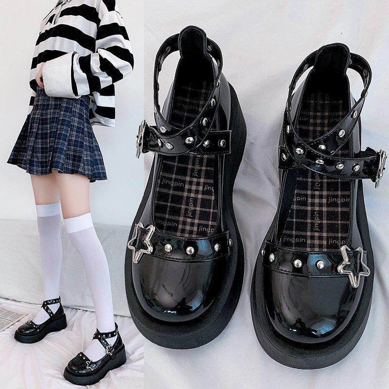 Shoes Lolita Shoes Women Heels Platform Mary Janes Star Buckle Strap Mary Janes Women Cross-tied Girls Rivet Casual Kawaii Shoes