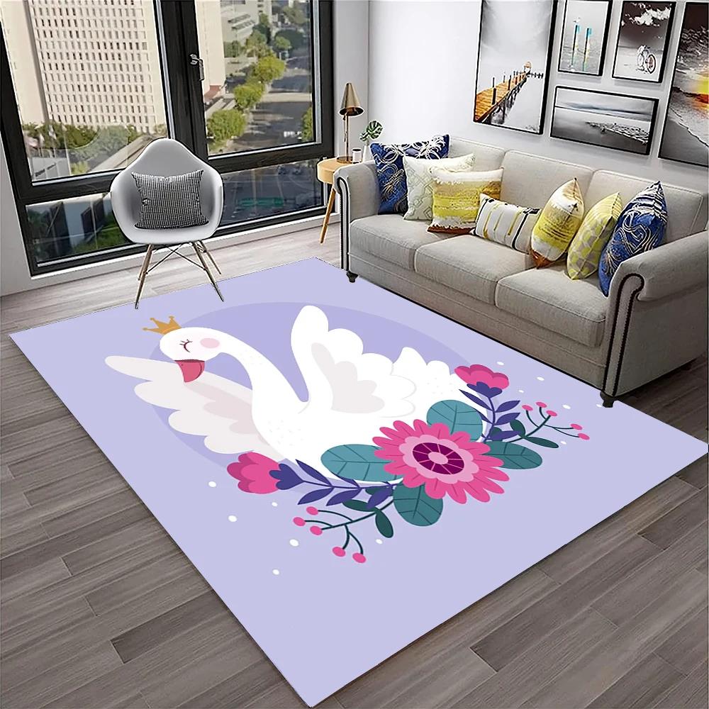Cute Swan Princess Cartoon Cygnus Carpet Rug for Home Living Room Bedroom Sofa Doormat Decor, Kids Area Rug Non-slip Floor Mat