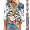 Women's Loose Casual Three-quarter Sleeve V-neck Lace Loose Christmas Print T-shirt Top