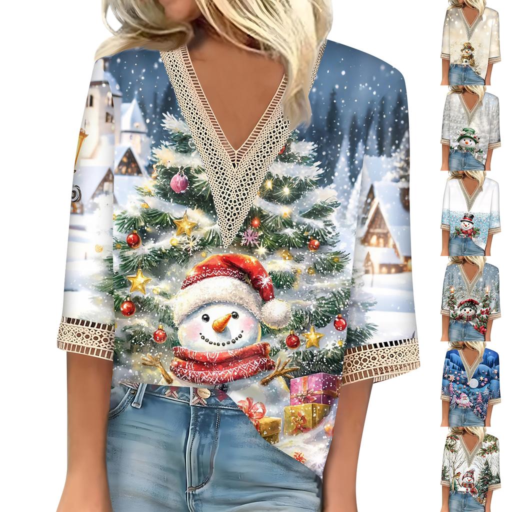 Women's Loose Casual Three-quarter Sleeve V-neck Lace Loose Christmas Print T-shirt Top