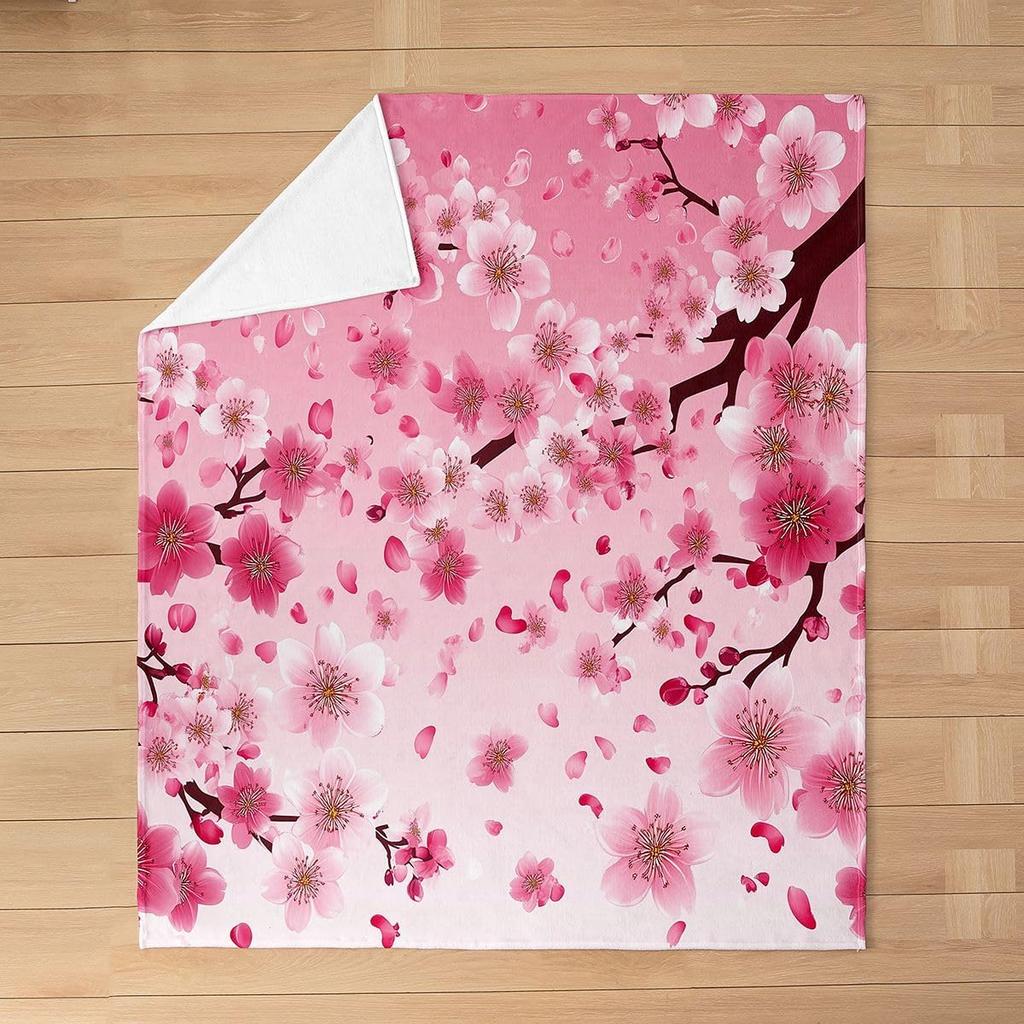 Cherry Blossom Throw Blanket Branches Flower Print Fleece Flannel Blanket Japanese Style Soft Fuzzy Blanket for Sofa Couch Bed