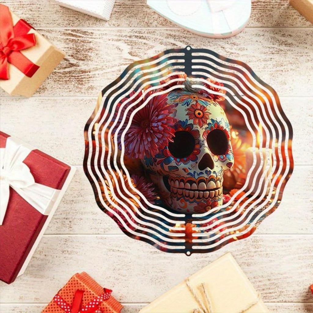Bunter Totenkopf Windspiel Außengartendekor Unendliche Drehung Windmühle für Hof Terrasse Halloween Tag der Toten Festival