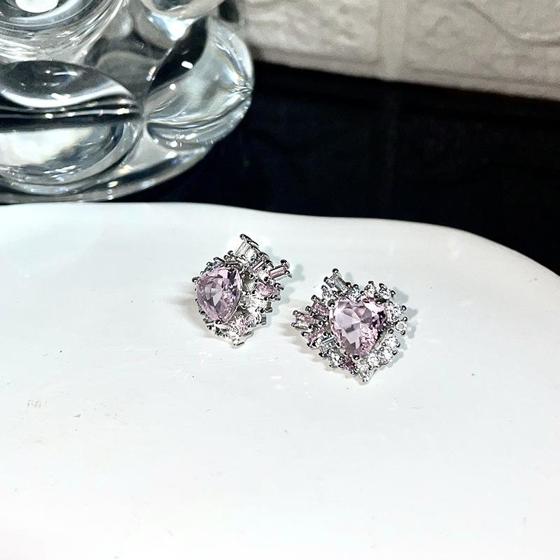 Sweet Pink Love Zircon Earrings Temperament Earrings Women S Niche Design High-End Light Luxury Stud Earrings