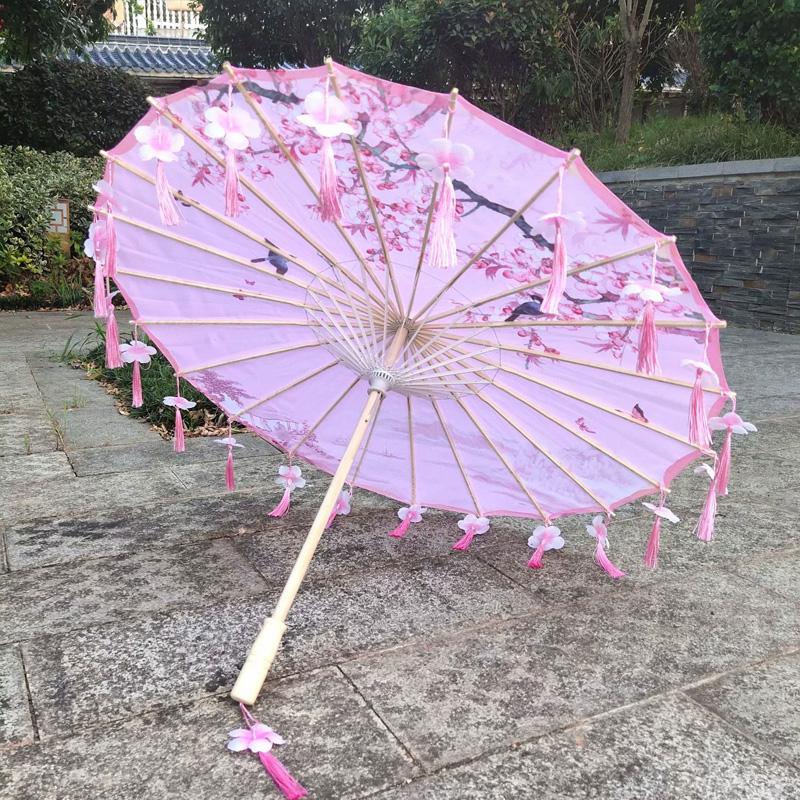 1PC Umbrella 70/82CM Oil Paper for Women Girl Performance Photo Props Antique Umbrella Parasol Satin Cloth Tassel