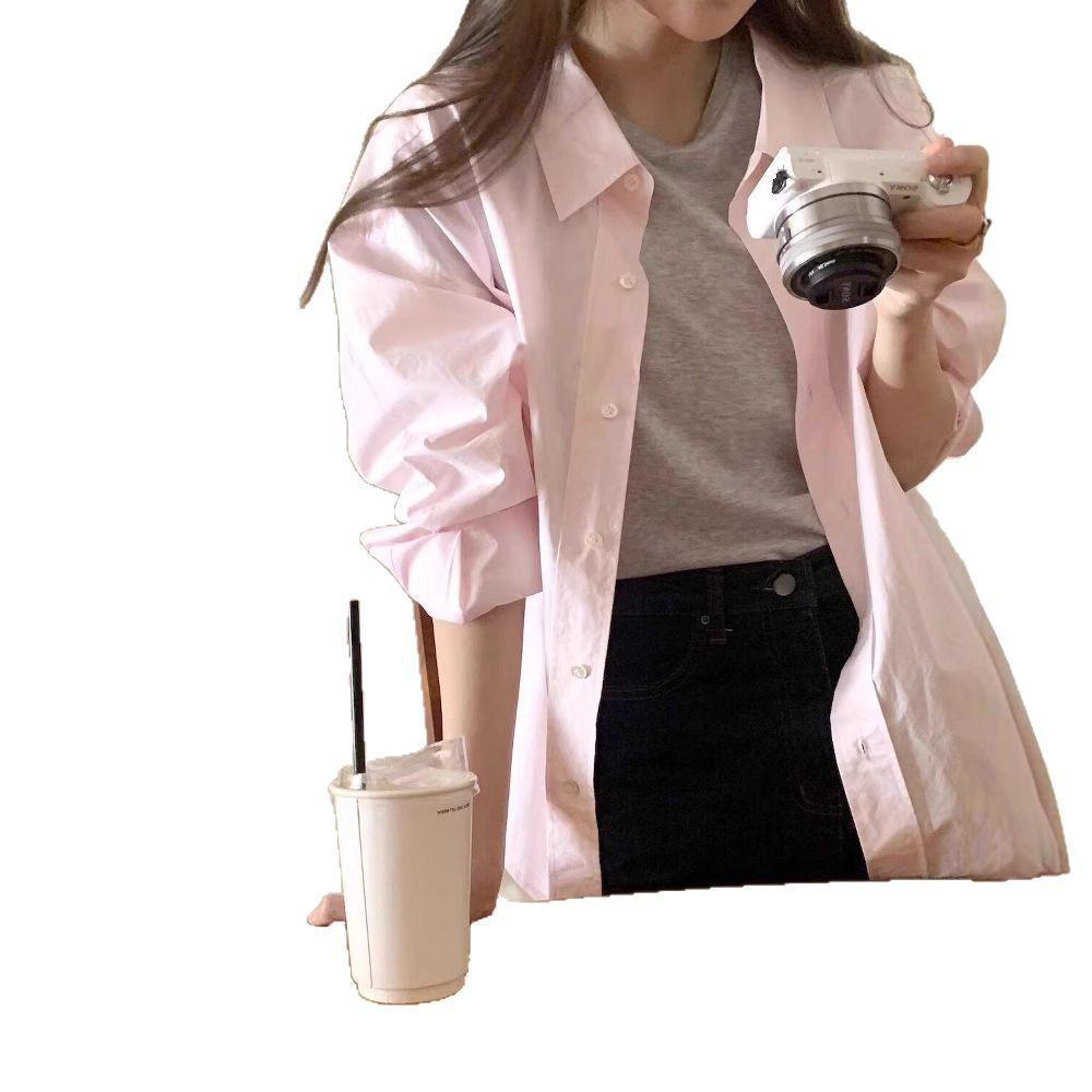 Korean Style Light Pink Women's Shirt with Turn-Down Collar - Fashionable, Age-Reducing, Perfect for Spring