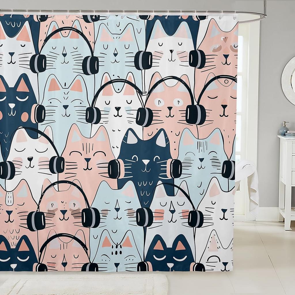 Cat Fabric Shower Curtain for Girls Kids Teen,Colorful Cartoon Animals Bathroom Shower Curtain Sets Cute Pet Shower Curtain