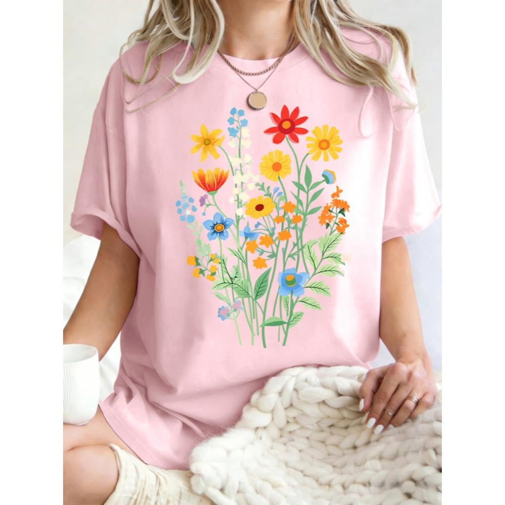 Beautiful Flowers That Grow Vigorously Prints Women T-Shirt Casual Loose T Shirts Cotton Sportswear Crewneck Short Sleeve