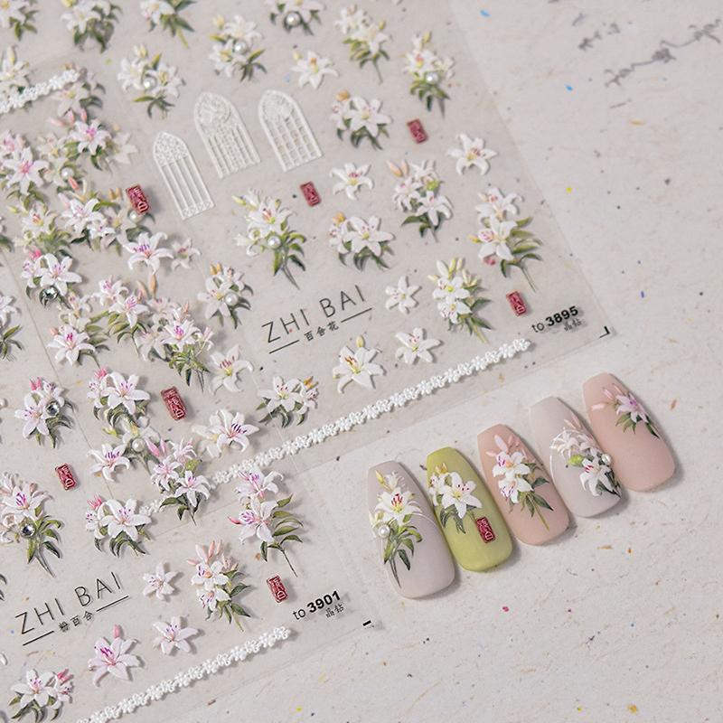 1 Sheet Pearl Lily Flower Nail Sticker Relief 3D Jelly Five Petal Flower Nail Art Decoration Decals Diy Self Adhesive Sliders