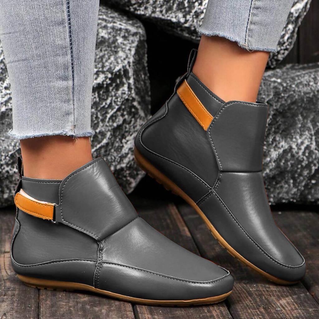 Women's Short Shoes Fashion Casual Flat Solid Color Leather Outerwear Ankle Boots Flat Boots for Women Toe