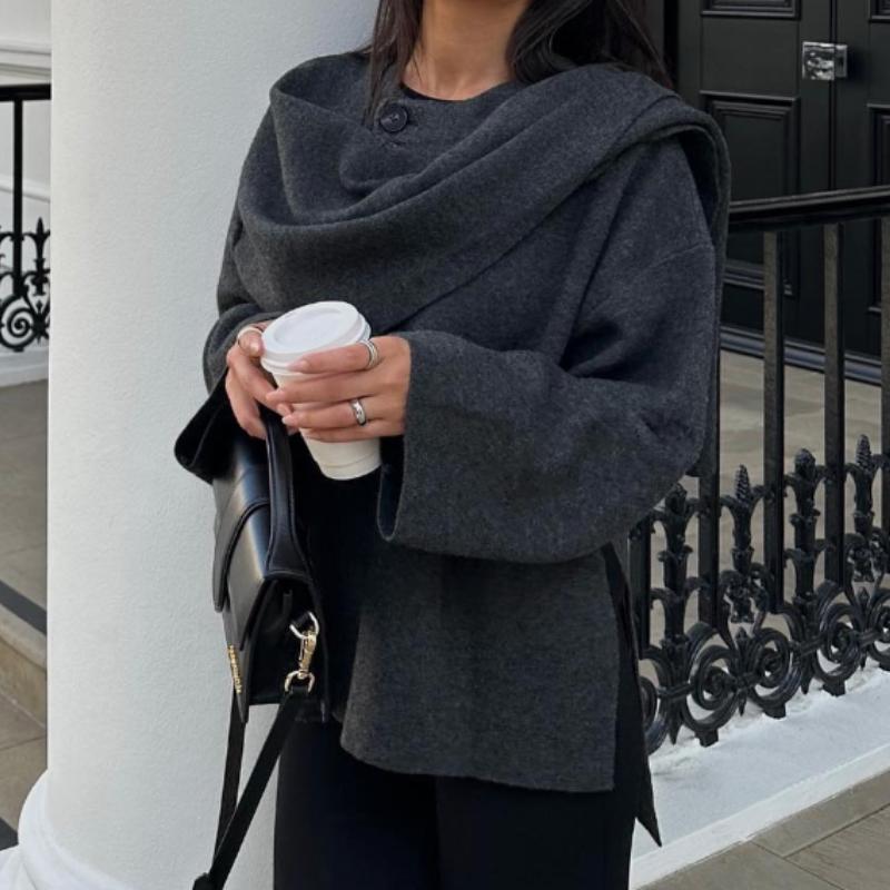 Manteau tricoté élégant pour femme, écharpe décorée, automne, décontracté, solide, irrégulier, ample, chaud, pardessus, hiver, nouveau design, vêtements esthétiques chics