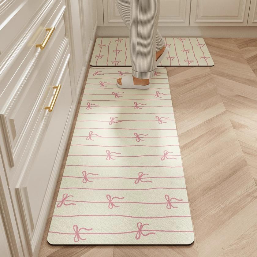 Kitchen Carpet Waterproof Long Floor Mat Pvc Leather Oil-proof Non-slip Foot Mats Bow Cute Girl Sweet Home Decoration Rug
