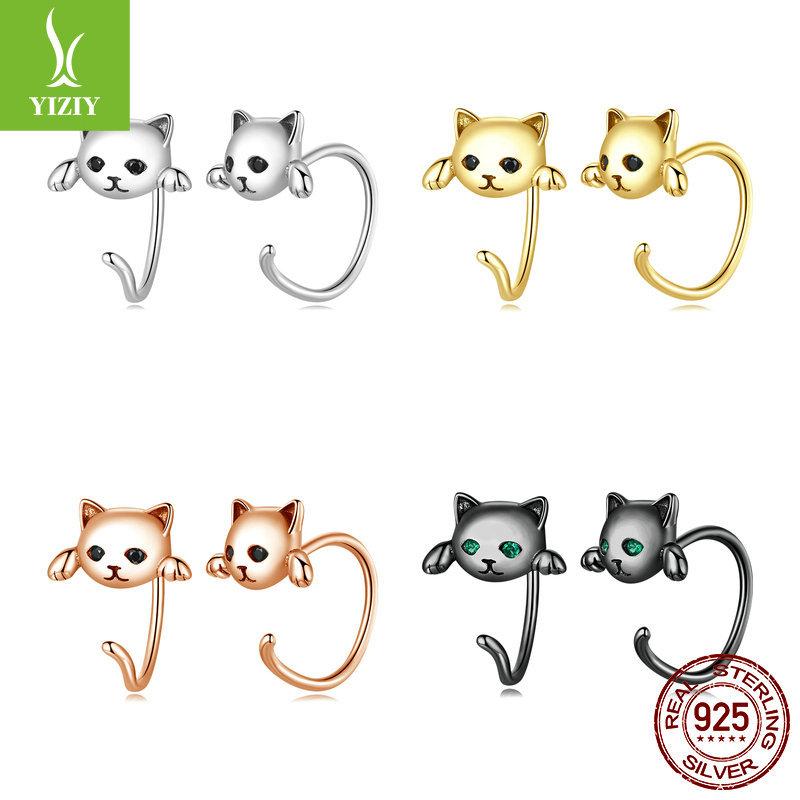 Cute Cat Stud Earrings Set, Playful Animal Electroplated 925 Sterling Silver Jewelry.