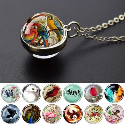 Parrot Phoenix Peacock Raven Swallow Sparrow Owl Double Side Glass Ball Pendant Necklace Men Women Jewelry Gift