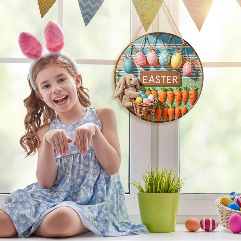 Hanging Bunny Easter Decor Sign Cartoon Easter Colorful Eggs Bunny Welcome Sign Spring Easter Party Indoor Outdoor Home Decor