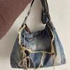 Vintage Denim Washed Wool Fringed Messenger Bag Large Capacity Flip Zipper Preppy Crossbody Bag